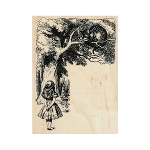 Alice and Cheshire Cat RUBBER STAMP, Alice in Wonderland Stamp, Wonderland Stamp, Cheshire Cat Stamp, Alice Stamp, Cat Stamp, Fantasy Stamp