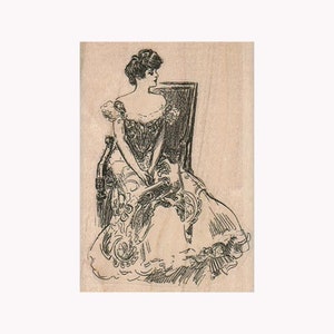 Senhora vitoriana sentada de lado na cadeira CARIMBO DE BORRACHA, Carimbo Gibson Girl, Carimbo Fancy Lady, Carimbo Vintage Lady, Carimbo Victorian Woman