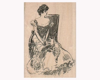 Victorian Lady Sitting Sideways On Chair RUBBER STAMP, Gibson Girl Stamp, Fancy Lady Stamp, Vintage Lady Stamp, Victorian Woman Stamp
