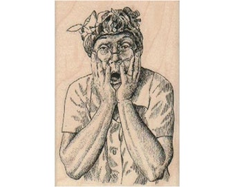 Woman With Hands On Face RUBBER STAMP, Shocked Woman Stamp, Old Lady Stamp, Surprised Lady Stamp, Flabbergasted Woman Stamp, Upset Woman