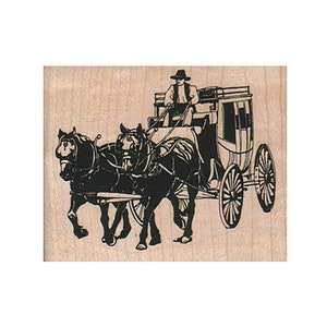 May include: A black and white illustration of a stagecoach pulled by two horses. The stagecoach has a driver sitting on the front seat and a large, open back area. The horses are in silhouette and the stagecoach is detailed with wheels and a roof.