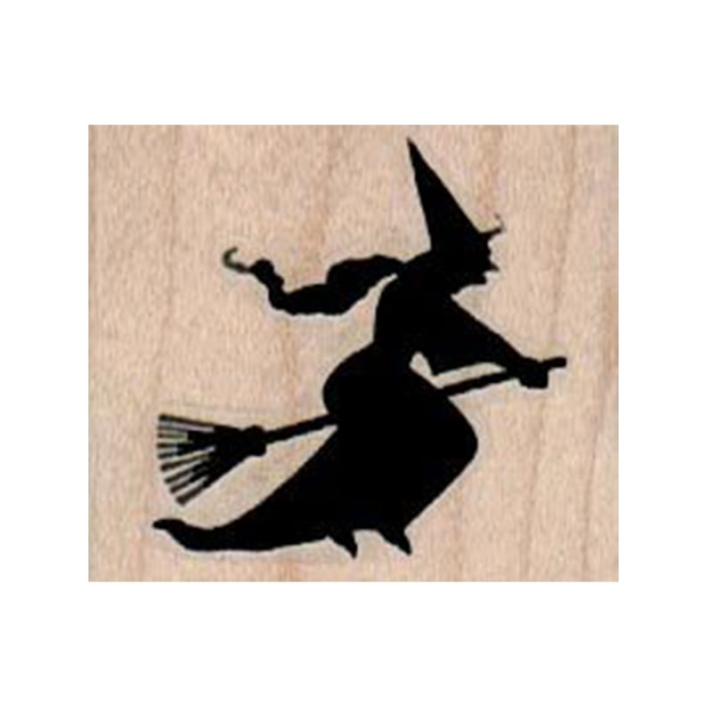 May include: A black silhouette of a witch flying on a broomstick. The witch is wearing a pointed hat and a long dress. The broomstick is made of wood and has a long handle.