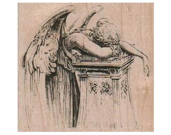 Engel huilt over pijler RUBBEREN STEMPEL, stempel engel, stempel droevige engel, stempel huilende engel, stempel standbeeld, religieuze stempel, stempel engel