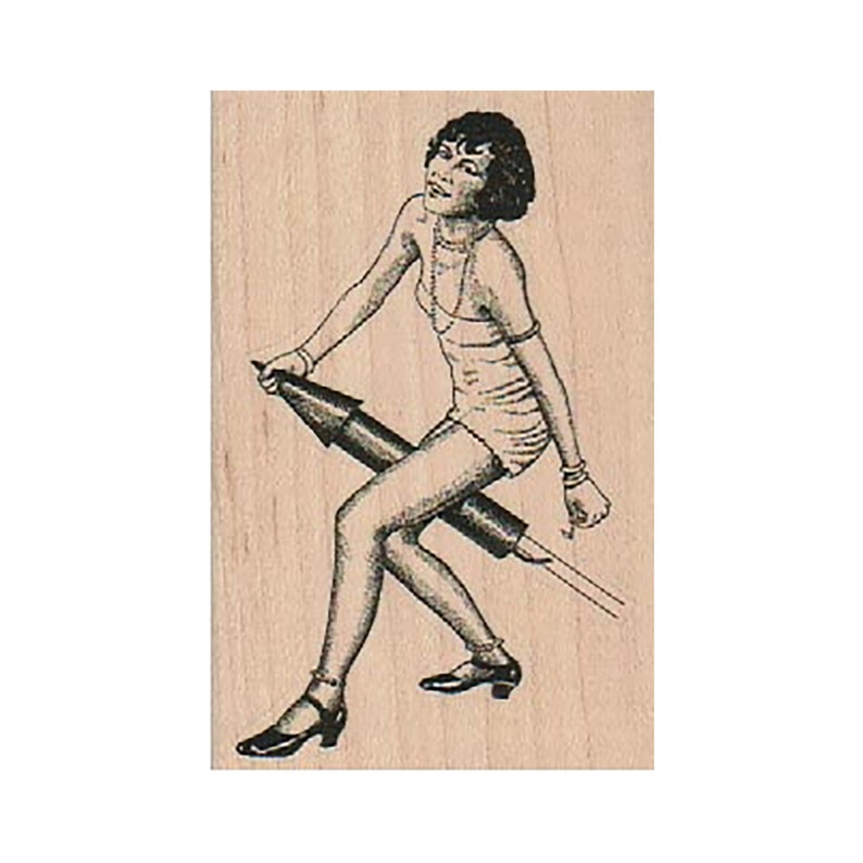 Party Lady Stamp Celebrate Stamp Lady Stamp Lady on Rocket RUBBER STAMP Rocket Stamp Lady Funny Stamp Woman Stamp Retro Lady Stamp