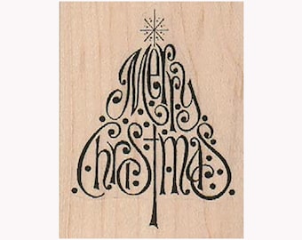 Merry Christmas Tree RUBBER STAMP, Tree Stamp, Christmas Stamp, Christmas Tree Stamp, Holiday Stamp, Christmas Tree Stamp, X-MAS Stamp