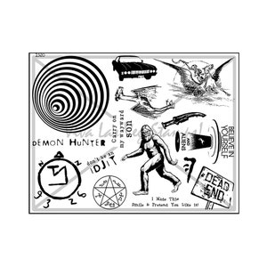 May include: Black and white graphic design with various images including a spiral, a car, a demon hunter symbol, a pentagram, a bigfoot, a winged creature, a knife, a beer glass, a sign that says "Believe in Yourself", and a sign that says "Dead End".