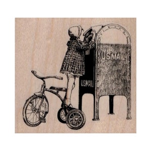 Tricycle Girl Mailing Letter RUBBER STAMP, Girl Stamp, Mailbox Stamp, Tricycle Stamp, Letter to Santa Stamp, Letter Stamp, Post Office Stamp