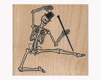 Dancing Skeleton RUBBER STAMP, Halloween Stamp, Day Of The Dead Stamp, Bones Stamp, Skull Stamp, Skeleton in Hat Stamp, Skeleton Stamp