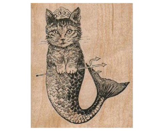 Cat Mermaid RUBBER STAMP, Fantasy Stamp, Ocean Stamp, Beach Stamp, Sea Stamp, Mermaid Stamp, Cat Stamp, Cat Lover Stamp, Cats Stamp, Feline