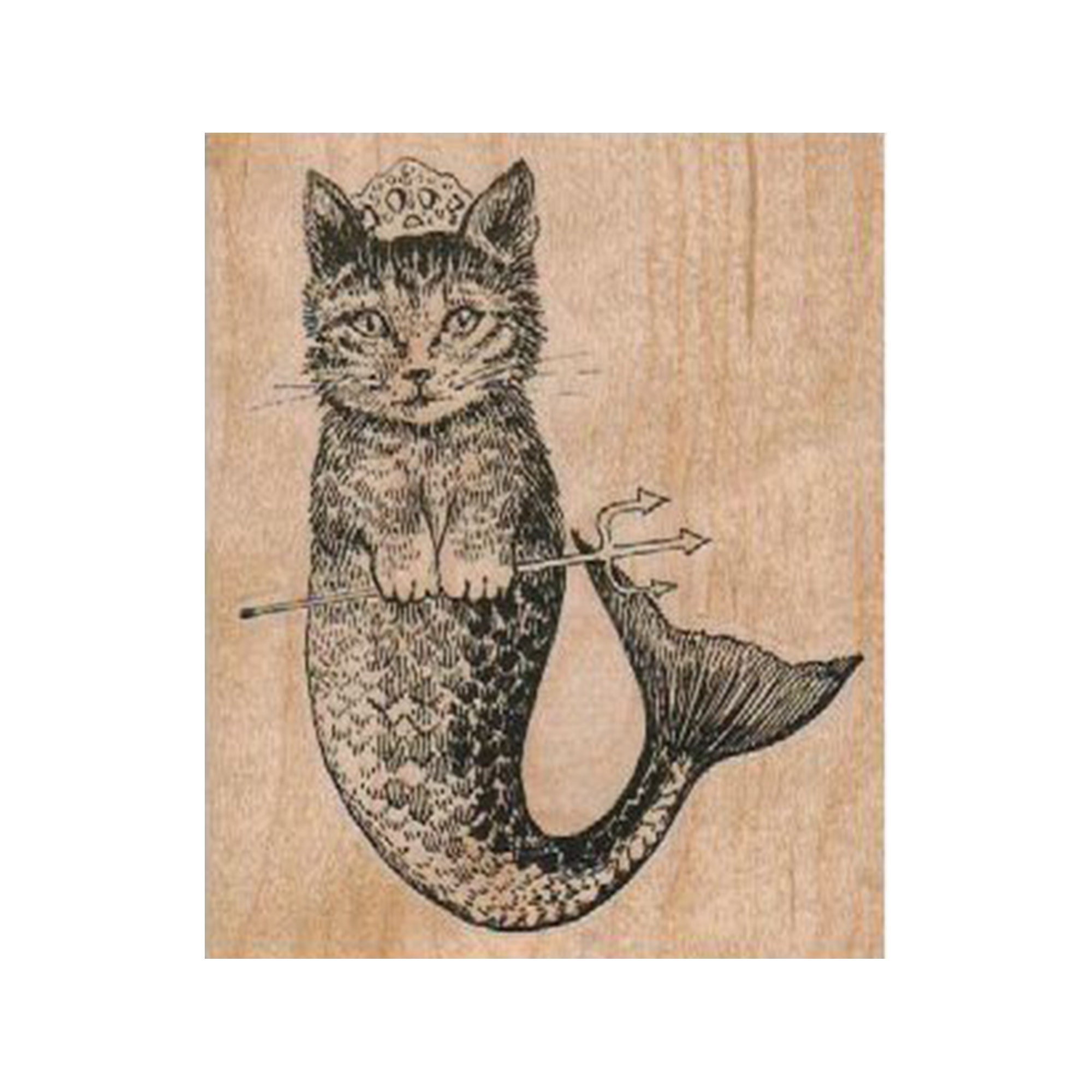 アメリカ製 輸入ラバースタンプ マウント済 『 本に乗った王さま猫』 猫の人魚のラバースタンプ、ファンタジースタンプ、海のスタンプ