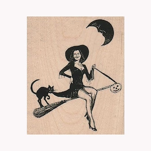 Witch, Cat and Moon RUBBER STAMP, Halloween Stamp, Witch Stamp, Broom Stamp, Flying Witch Stamp, Sexy Witch Stamp, Familiar Stamp, Halloween