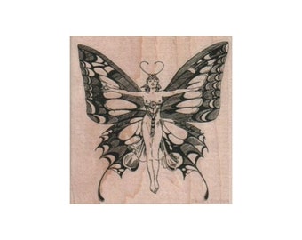 Butterfly Lady RUBBER STAMP, Fantasy Stamp, Fairy Stamp, Garden Stamp, Butterfly Stamp, Mystical Stamp, Flying Lady Stamp, Butterfly Stamp