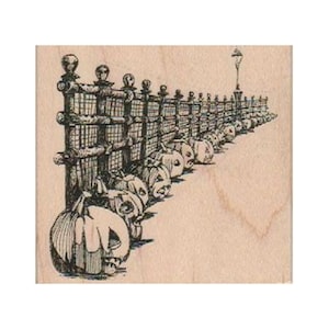 Jack o' Lanterns Along Fence RUBBER STAMP, Halloween Stamp, Jack-o-Lantern Stamp, Pumpkin Stamp, Pumpkin Carving Stamp,  Halloween Fun Stamp