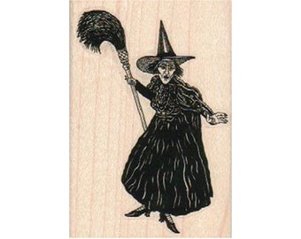 Witch With Broom Small RUBBER STAMP, Nasty Witch Stamp, Halloween Stamp, Wicked Witch Stamp, Broom Stamp, Flying Witch, Witch With Broom