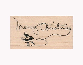 Merry Christmas Santa Skating RUBBER STAMP, Merry Christmas Stamp, Christmas Stamp, XMAS Stamp, Santa Stamp, Christmas Cards, Holiday Cards