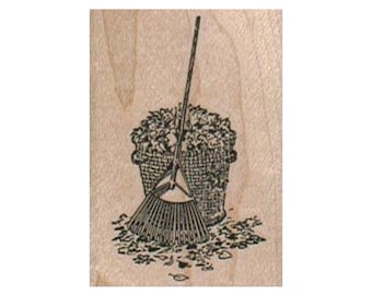 Rake And Basket Of Leaves RUBBER STAMP, Leaf Stamp, Nature Stamp, Outdoor Stamp, Autumn Stamp, Fall Stamp, Seasons Stamp, Leaves Stamp