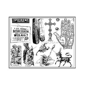 Glück und Fantasie Sammlung Unmontierte Stempelplatte, Tarotkarten, Hexe, Handlesen, Sarg, Kreuz, Skorpion, Pirassoipi Zweihorn