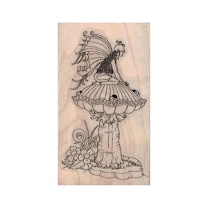 Fairy On Toad Stool RUBBER STAMP, Fantasy Stamp, Fairy Stamp, Garden Stamp, Flower Stamp, Fay Stamp, Pixie Stamp, Sprite Stamp, Fairy Lover