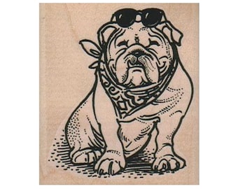 Bulldog with Sunglasses and Bandanna RUBBER STAMP, Bulldog Stamp, Dog Rubber Stamp, Dog Days of Summer, Dog with Glasses, Doggy Rubber Stamp