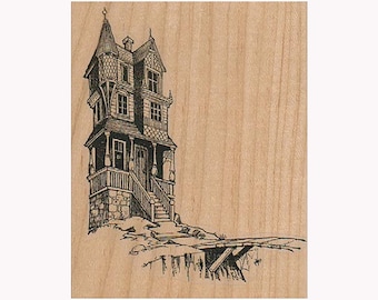 May include: A black and white illustration of a tall, narrow house with a steep roof and a porch. The house is perched on a cliff with a small bridge leading to it.