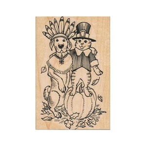 Thanksgiving Dog and Cat RUBBER STAMP, Thanksgiving Stamp, Autumn Stamp, Fall Stamp, Pilgrim Stamp, Pumpkin Stamp, Holiday Stamp