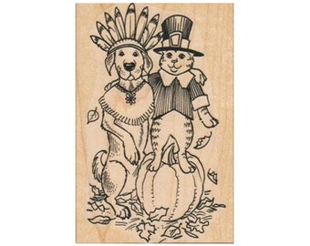 Thanksgiving Dog and Cat RUBBER STAMP, Thanksgiving Stamp, Autumn Stamp, Fall Stamp, Pilgrim Stamp, Pumpkin Stamp, Holiday Stamp