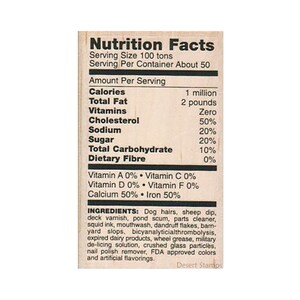 Valeur nutritive TIMBRE EN CAOUTCHOUC, Tampon d'étiquette d'information nutritionnelle, Tampon d'étiquette nutritionnelle, Tampon de blague, Tampon de techniques mixtes, Tampon d'humour, Aliment