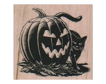 May include: A black and white illustration of a carved pumpkin with a sinister face, next to a black cat. The pumpkin sits on a bed of leaves, and the cat is looking at the viewer.