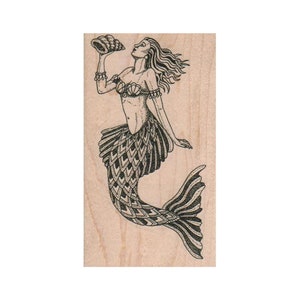 Mermaid With Conch Shell RUBBER STAMP, Fantasy Stamp, Ocean Stamp, Beach Stamp, Sea Stamp, Mermaid Stamp, Underwater Stamp, Shell Stamp