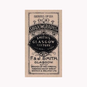 Shadowgraphs Tabak Sigaretten Pack RUBBERSTEMPEL, F J Smith Glasgow Tabakstempel, Tabak Advertentiestempel, Vintage Advertentiestempel, Groot-Brittannië Advertentiestempel