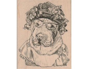 Sharpei Dog In Curlers RUBBER STAMP, Shar-Pei Dog Stamp, Funny Dog Stamp, Wrinkly Dog Stamp, Canine Stamp, Dog Lover Stamp, Sharpei Dog