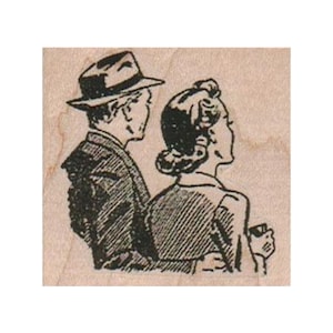 Homme et femme à la recherche d'un tampon en caoutchouc, tampon couple, tampon rétro, tampon homme avec chapeau, tampon dame, tampon amoureux
