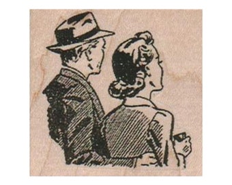 Man and Woman Looking RUBBER STAMP, Couple Rubber Stamp, Retro Rubber Stamp, Man with Hat Rubber Stamp, Lady Rubber Stamp, Lovers Stamp