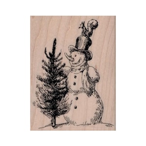 Snowman With Tree RUBBER STAMP, Snowman Stamp, Winter Stamp, Christmas Stamp, Holiday Stamp, Snowman With Hat Stamp, Snow Stamp, Christmas
