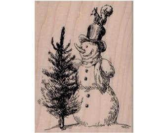 Snowman With Tree RUBBER STAMP, Snowman Stamp, Winter Stamp, Christmas Stamp, Holiday Stamp, Snowman With Hat Stamp, Snow Stamp, Christmas