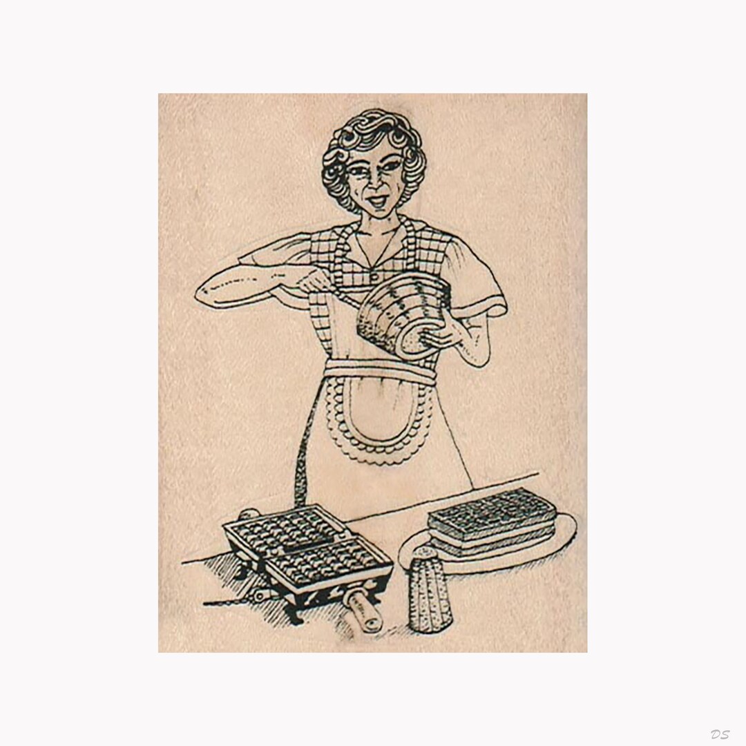 Lady Making Waffles RUBBER STAMP, Cooking Stamp, Housework Stamp