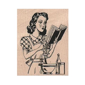 Housewife Reading Recipe RUBBER STAMP,  Cooking Stamp, Housework Stamp, Housewife Stamp, Retro Woman Stamp, Cookbook Stamp, Baking Stamp