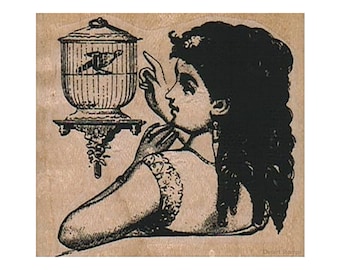 Sello de goma de una dama con una jaula de pájaros, sello de dama, sello de mujer, sello de jaula de pájaros, sello vintage de jaula de pájaros, sello de pájaro, sello victoriano
