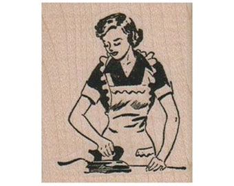 Woman Ironing RUBBER STAMP,  Ironing Stamp, Housework Rubber Stamp, Housewife Rubber Stamp, Retro Woman Rubber Stamp, Lady Stamp