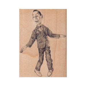 May include: A black and white illustration of a man in a suit and tie, with a large head and exaggerated features. He is walking with his arms outstretched.