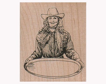 Cowgirl With Tray RUBBER STAMP, Cowgirl Stamp, Western Stamp, Old West Stamp, Wild Wild West, Smiling Cowgirl Stamp, Rodeo Stamp, Cowgirl