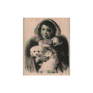 Monocle Girl With Dog Photo/ATC RUBBER STAMP, Francobollo amante dei cani, Francobollo fotografico, Francobollo bambino afroamericano, Francobollo fotografico vintage, Bambino