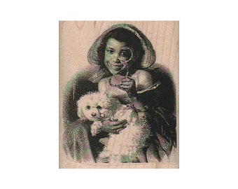 Monocle Girl With Dog Photo/ATC RUBBER STAMP, Dog Lover Stamp, Photo Stamp, African American Child Stamp, Vintage Photograph Stamp, Child