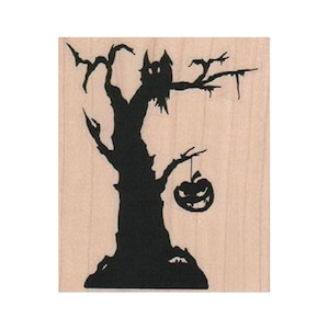Halloween Tree Silhouette RUBBER STAMP, Halloween Stamp, Halloween Stamps, Halloween Tree Stamp, Pumpkin Stamp, Owl Stamp, Spooky Halloween
