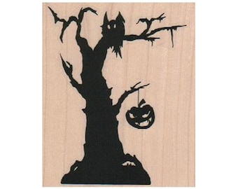 Halloween-trädsilhuett GUMMISTÄMPEL, Halloween-stämpel, Halloween-stämplar, Halloween-trädstämpel, Pumpastämpel, Ugglastämpel, Läskig Halloween