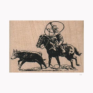 Cowboy Lassoing Kalb STEMPEL, Cowboy Stempel, Rinder Stempel, Rinder Rustling Stempel, Cowboy und Pferd Stempel, Rodeo Stempel, Lasso Stempel