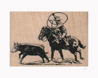 Cowboy Lassoing Calf RUBBER STAMP, Cowboy Stamp, Cattle Stamp, Cattle Rustling Stamp, Cowboy and Horse Stamp, Rodeo Stamp, Lasso Stamp