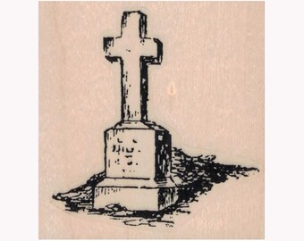Sello de goma con cruz y lápida, sello para cripta, sello para cementerio, sello para camposanto, sello de Halloween, sello temático de Halloween, sello para tumba, cruz