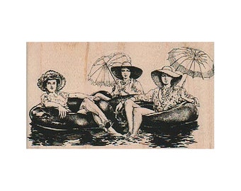 Three Women in Tubes RUBBER STAMP, Beach Ladies Stamp, Sun Bathing Stamp, Lazy River Stamp, Inter-tube Stamp, Beach Stamp, Swimming Stamp