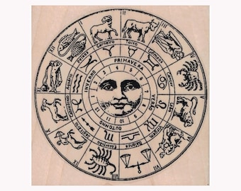 Zodiac Wheel RUBBER STAMP, Fortune Teller Stamp, Astrology Stamp, Zodiac Symbol Stamp, Zodiac Sign Stamp, Horoscope Stamp, Magic, Future